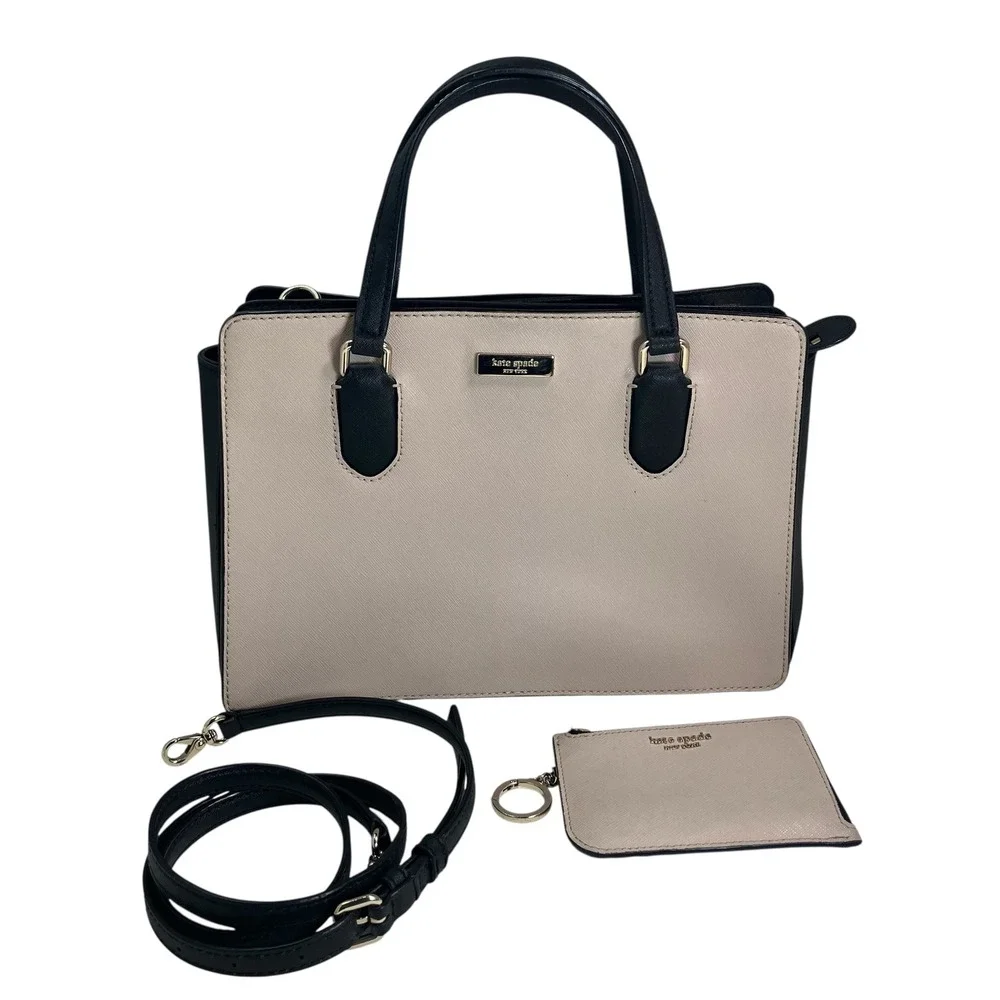 Kate Spade Cameron Medium Satchel Crossbody Purse Wallet Set‎ Beige Black